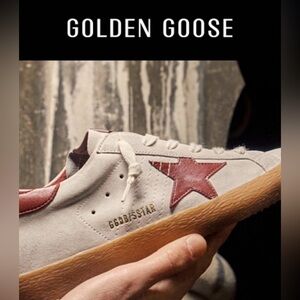 Golden Goose White Suede Sneaker with Red Star and Gum Sole